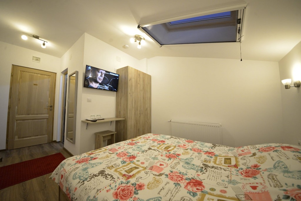 Cameră dublă cu mobilier din lemn deschis și TV — Casa Pozitiv Relax