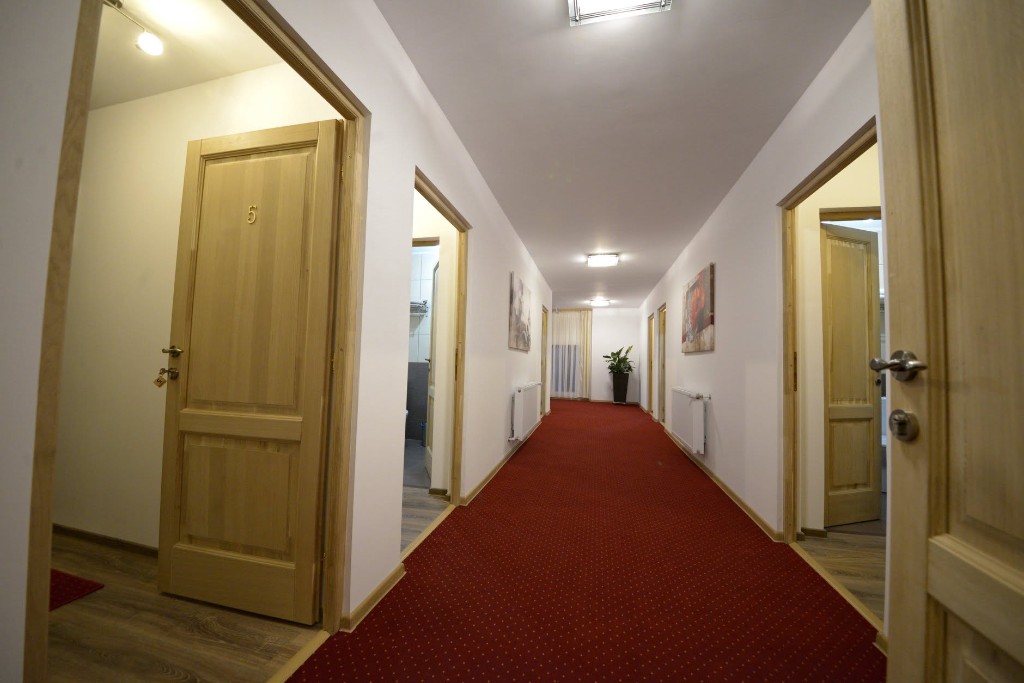 Hol curat cu covor roșu și uși din lemn — Casa Pozitiv Relax
